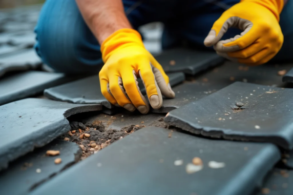 close up of person working on roof; tiling in yellow gloves